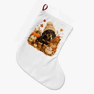 Cute Autumn Wiener Dog Thanksgiving Large Christmas Stocking