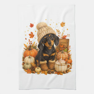 Cute Autumn Wiener Dog Thanksgiving Tea Towel