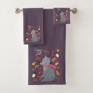 Cute autumn wolf with custom text bath towel set