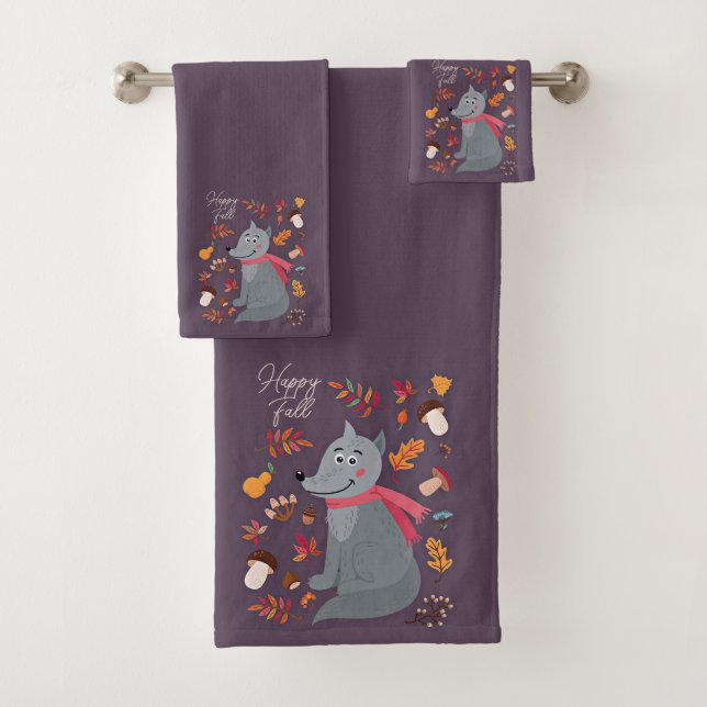 Cute autumn wolf with custom text  bath towel set (Insitu)