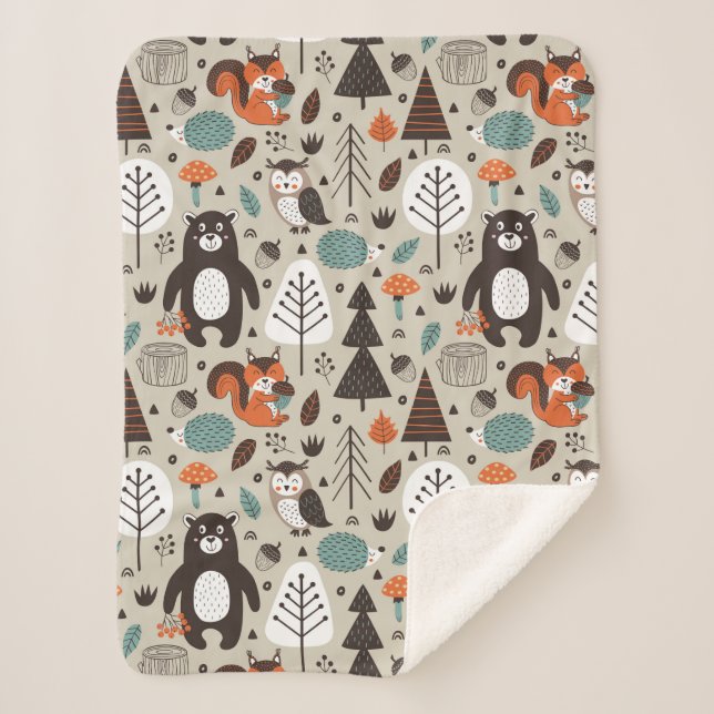 Cute Autumn Woodland Animals Pattern Sherpa Blanket (Front)