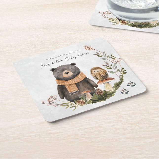 Cute Autumn Woodland | Baby Shower  Square Paper Coaster (Angled)
