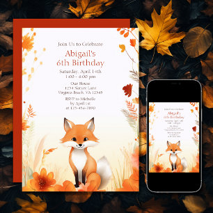 Cute Autumn Woodland Fox Fall Birthday Invitation