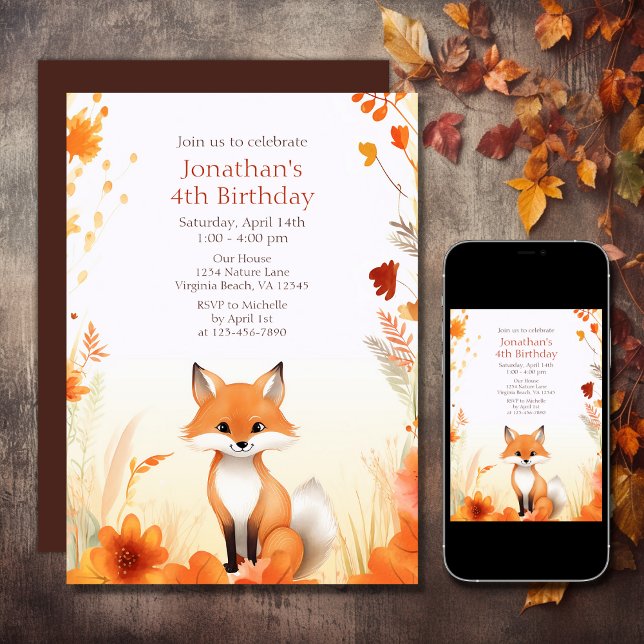 Cute Autumn Woodland Fox Fall Birthday Invitation (Printed and Digital - Cute Autumn Woodland Fox Fall Birthday Invitation)