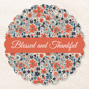 Cute Autumnal Floral Pattern Blessed & Thankful  Paper Coaster