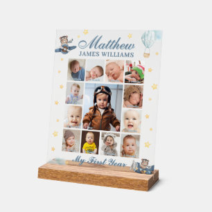Cute Aviation Bear Baby Boy Photo Collage 1st Year Acrylic Sign