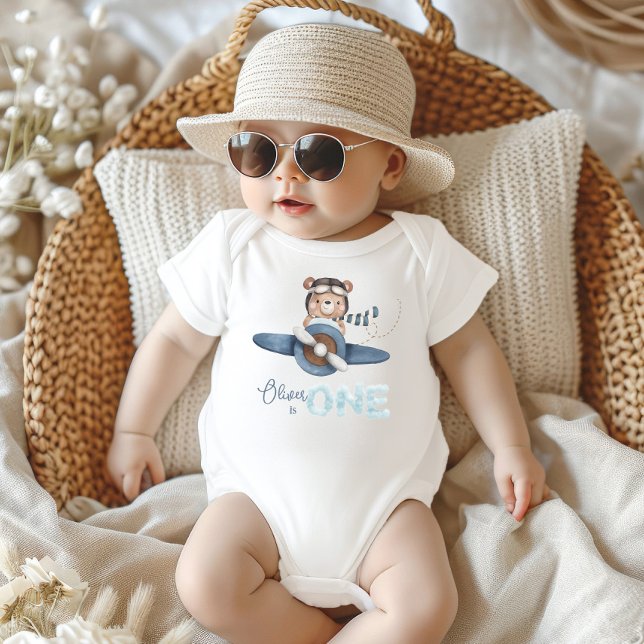 Cute Aviation Bear Blue Plane One 1st Birthday  Baby Bodysuit (Creator Uploaded)