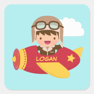 Cute Aviator Boy Aeroplane Adventure For Kids Square Sticker