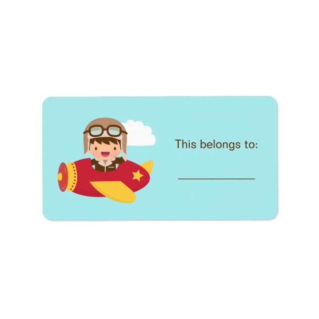 Cute Aviator Boy Aeroplane Adventure Personalised Label (Front)