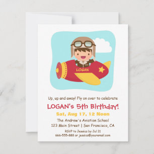 Cute Aviator Boy Aeroplane Birthday Party Invitation