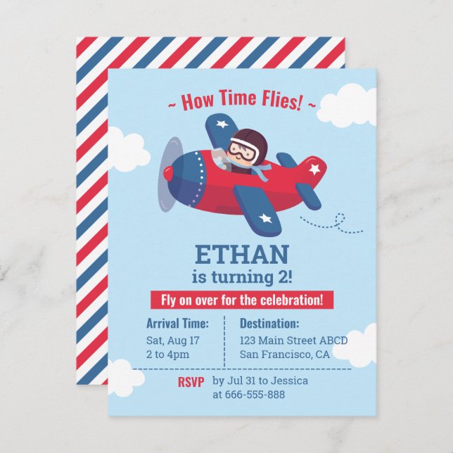 Cute Aviator Pilot Aeroplane Boys Birthday Party  Invitation (Front/Back)