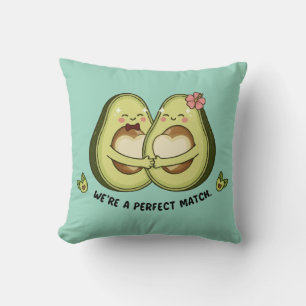 Cute Avocado Couple "We're a Perfect Match" Pun Cushion