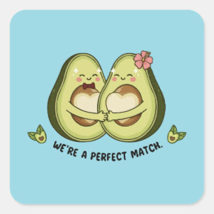 Cute Avocado Couple "We're a Perfect Match" Pun Square Sticker