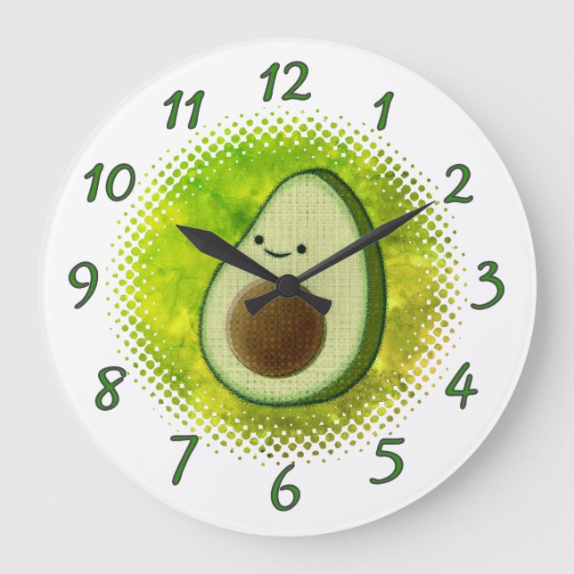 Cute Avocado Drawing Watercolor Background Large Clock (Front)