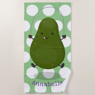 Cute avocado jump rope cartoon illustration beach towel
