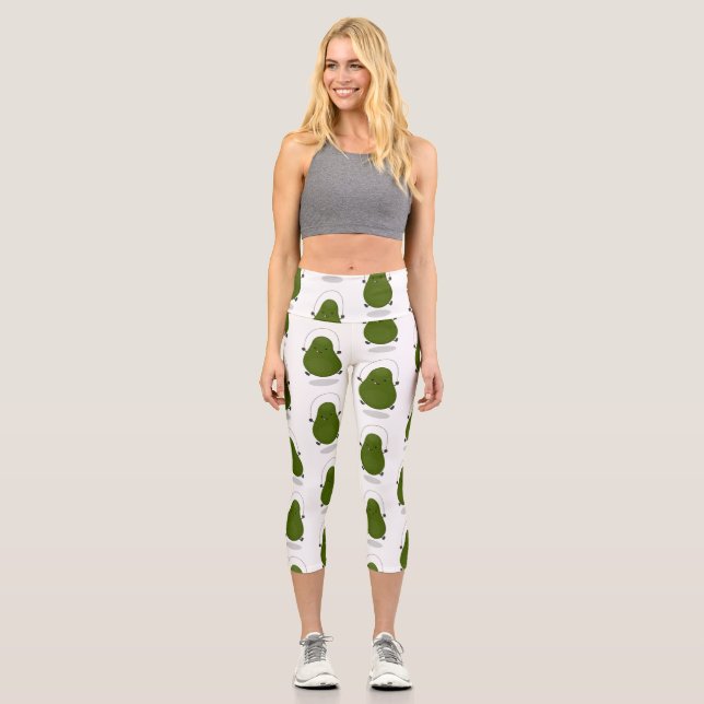 Cute avocado jump rope cartoon illustration capri leggings (Front)