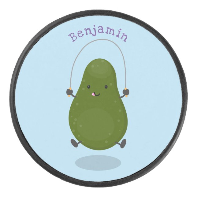 Cute avocado jump rope cartoon illustration hockey puck (Front)