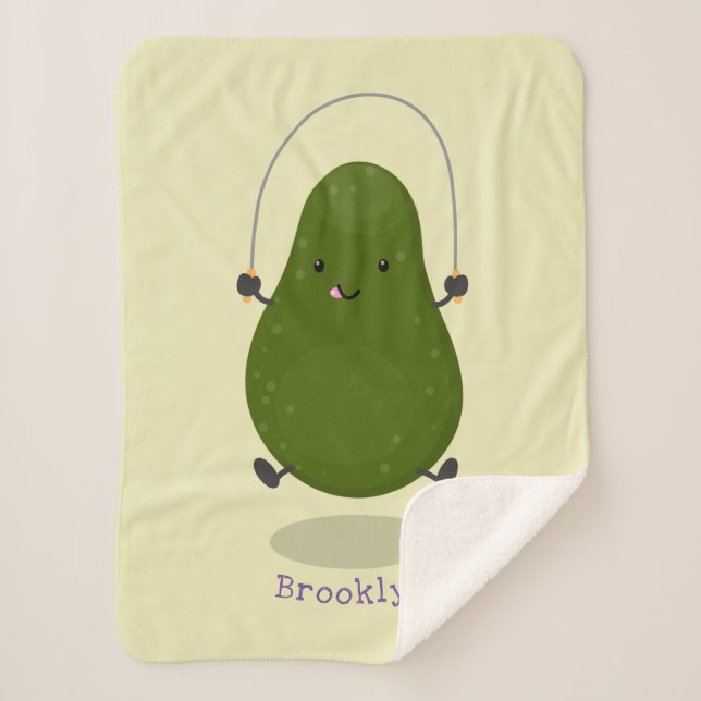 Cute avocado jump rope cartoon illustration sherpa blanket (Front)