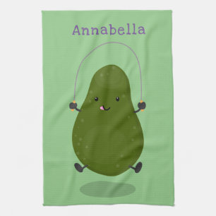 Cute avocado jump rope cartoon illustration tea towel