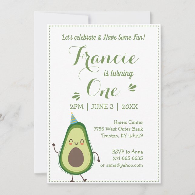 Cute Avocado Personalise 1st Birthday White BG Invitation (Front)