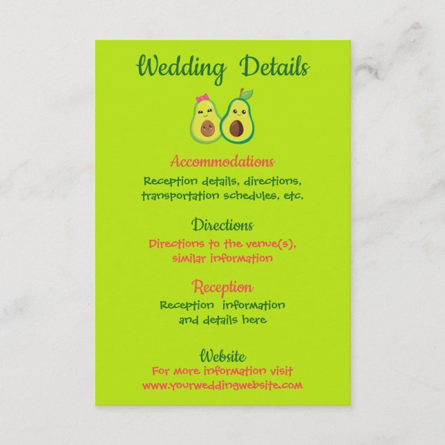 Cute Avocados Romantic Wedding Details Enclosure Card (Front)