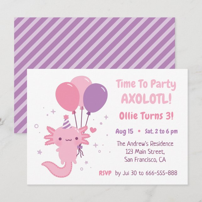 Cute Axolotl and Balloons Girls Birthday Party Invitation (Front/Back)