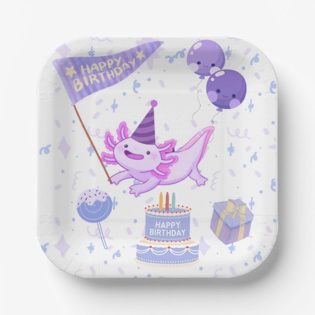Cute axolotl birthday paper plate (Front)