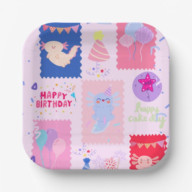 Cute axolotl birthday paper plate (Front)