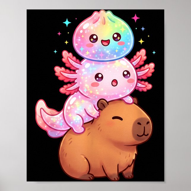 Cute axolotl capybara rainbow dumpling funny poster (Front)