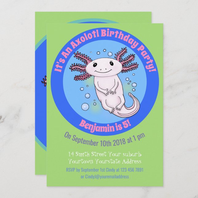Cute axolotl cartoon birthday invite 5 years (Front/Back)