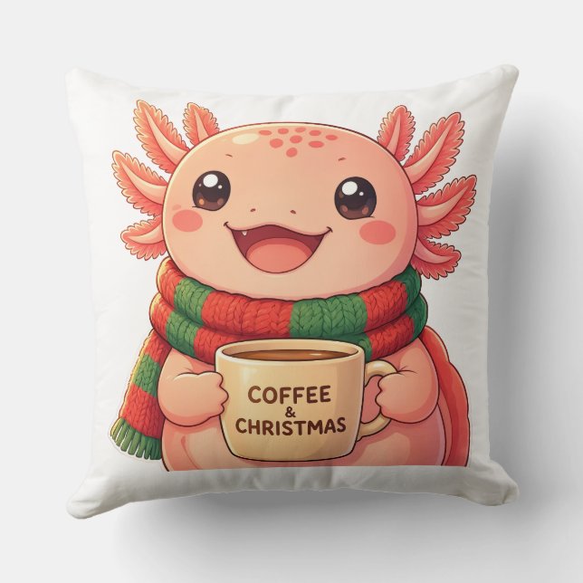 Cute Axolotl Christmas Coffee Throw Pillow (Back)