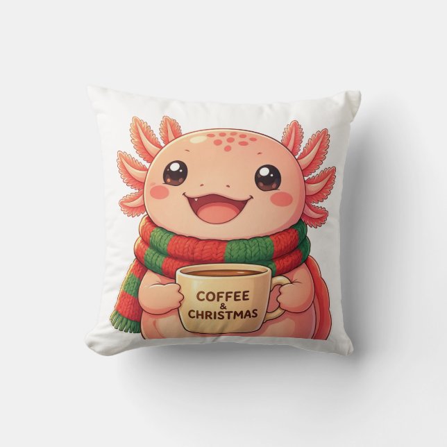 Cute Axolotl Drinking Coffee Christmas Accent  Cushion (Front)