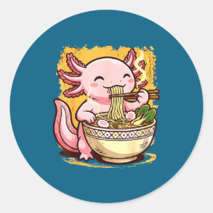 Cute Axolotl Eats Ramen Noodles Axolotls Ramen  Classic Round Sticker