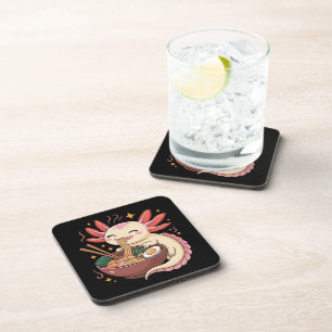 Cute Axolotl Eats Ramen Noodles Coaster