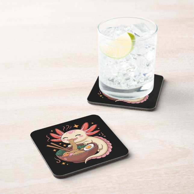 Cute Axolotl Eats Ramen Noodles Coaster (Right Side)
