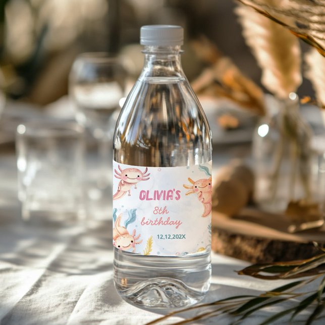 Cute Axolotl Girl Birthday Water Bottle Label (Creator Uploaded)