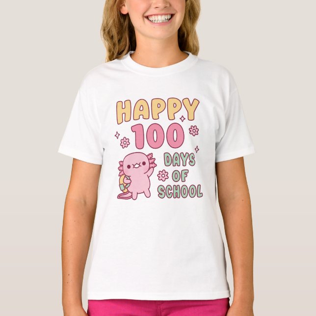 Cute Axolotl Happy 100 Days Of School T-Shirt (Front)