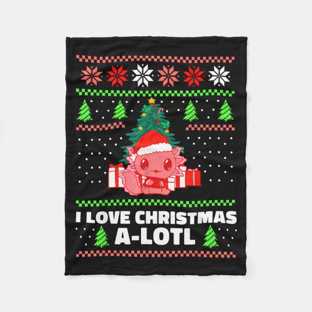 Cute Axolotl I Love Christmas A-lotl Xmas Hat Sant Fleece Blanket (Front)