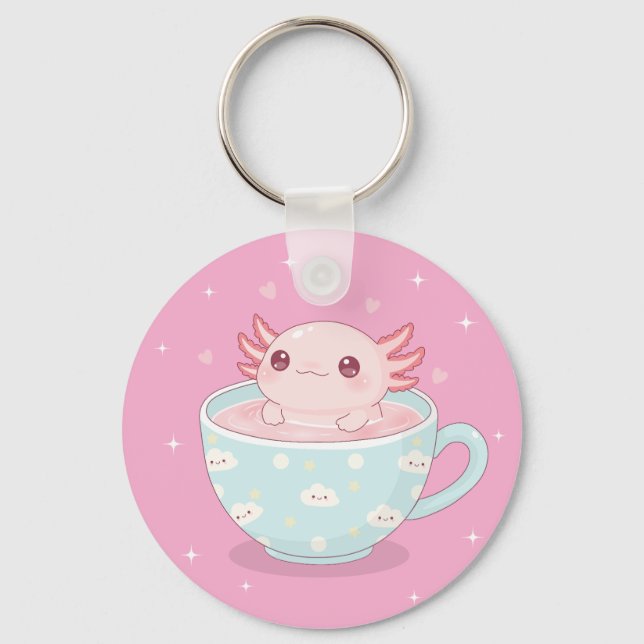 Cute axolotl in a cup key ring (Front)