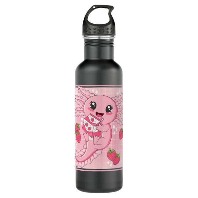 Cute Axolotl Japanese Strawberry Milk Anime Kawaii 710 Ml Water Bottle (Front)