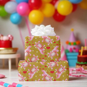 Cute Axolotl Love, Pink Hearts, Fun Gift Wrapping Paper