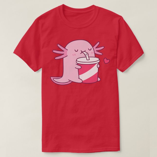 Cute Axolotl Loves Drinking Soda T-Shirt (Design Front)