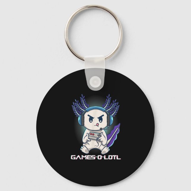 Cute Axolotl Playing Console Video Games Key Ring (Front)
