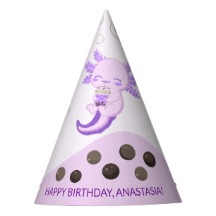Cute Axolotl Purple Boba Tea Kids Birthday Party Hat