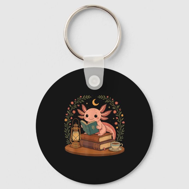 Cute Axolotl Reading Books Cozy Bookworm  Key Ring (Front)