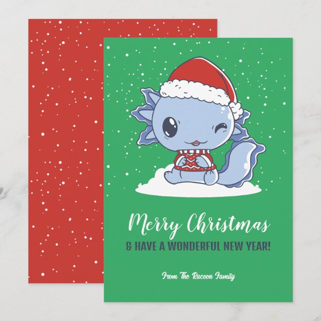 Cute Axolotl Santa Hat Snow Winter Merry Christmas Holiday Card (Front/Back)