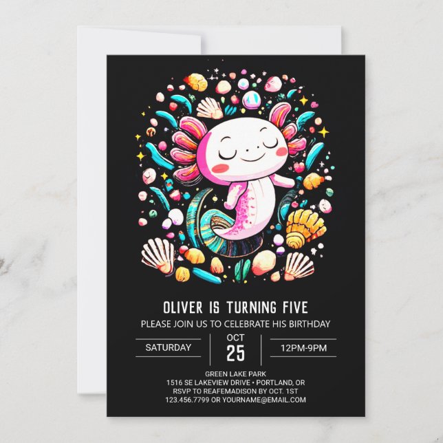 Cute Axolotl Watercolor Birthday Invitation (Front)