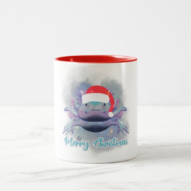  Cute Axolotl wearing Red Santa Hat Two-Tone Coffee Mug (Center)