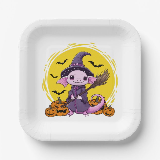 Cute Axolotl Witch Halloween Paper Plate (Front)