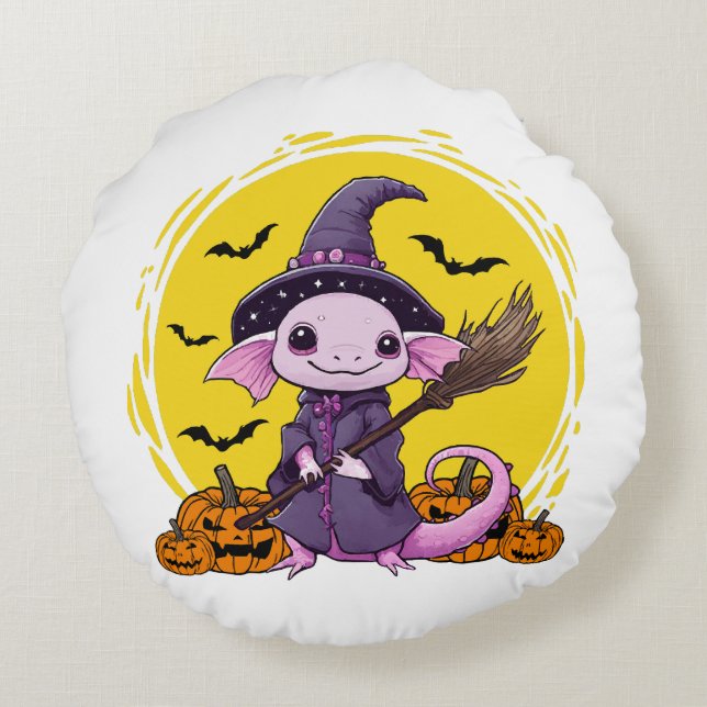 Cute Axolotl Witch Halloween Round Cushion (Back)
